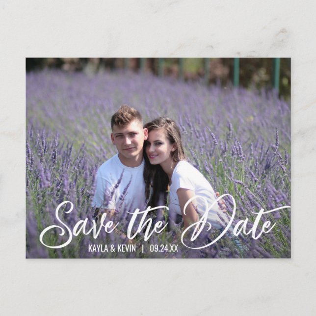 Cartão Postal De Anúncio Casamento de Script Branco Moderno SALVAR A DATA | (Frente)