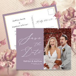 Cartão Postal De Anúncio Casamento De Script Elegante Da Púrpura Mauve Salv