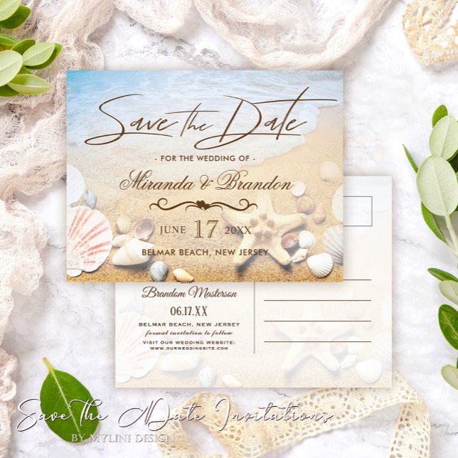 Cartão Postal De Anúncio Casamento de Starfish Tropical Salve a Data (Criador carregado)