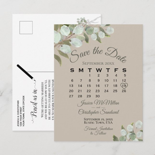 Cartão Postal De Anúncio Casamento de Taupe do Calendário Eucalyptus Salve  (Frente/Verso)