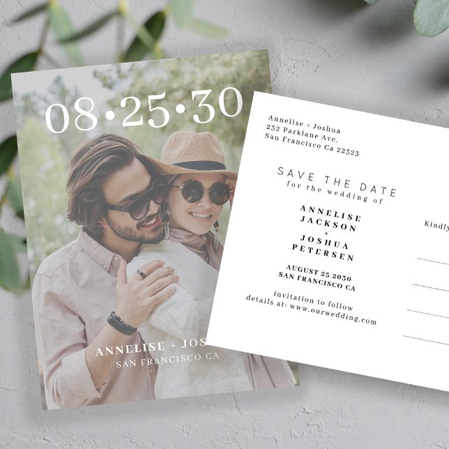 Cartão Postal De Anúncio Casamento de tipografia fotográfica moderna salvar (Criador carregado)