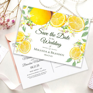Cartão Postal De Anúncio Casamento de Verão de Limão Moderno Salve a Data