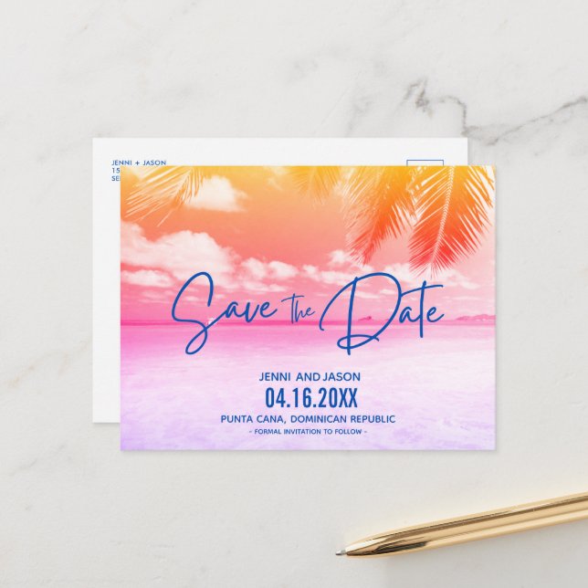 Cartão Postal De Anúncio Casamento de verão de praia Salva a Data (Frente/Verso In Situ)