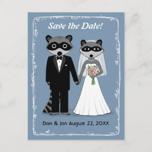 Cartão Postal De Anúncio Casamento dos Raccoons Salve a Data Azul