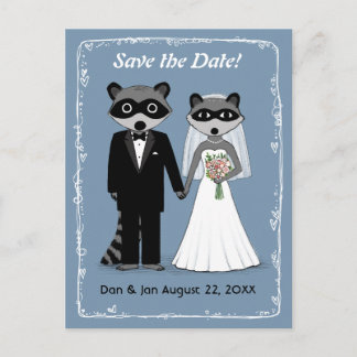 Cartão Postal De Anúncio Casamento dos Raccoons Salve a Data Azul