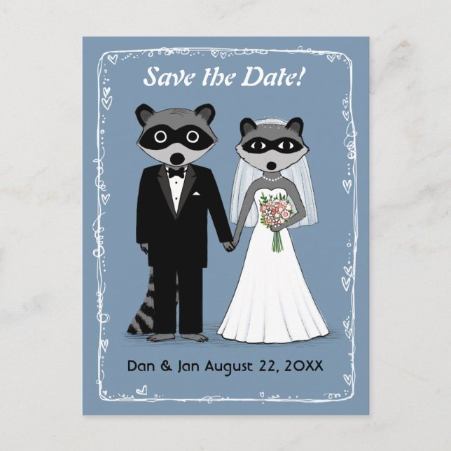 Cartão Postal De Anúncio Casamento dos Raccoons Salve a Data Azul (Frente)