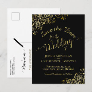 Cartão Postal De Anúncio Casamento Dourado da caligrafia Salve a data em pr