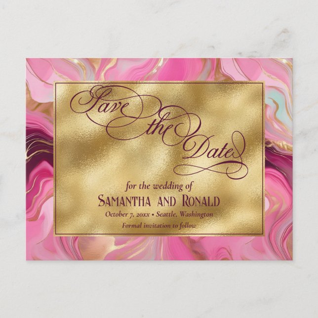 Cartão Postal De Anúncio Casamento Dourado e rosa marmoreado Elegante Faux (Frente)