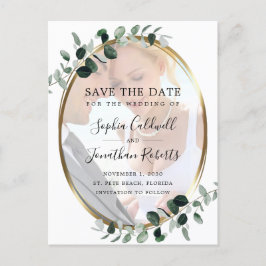 Cartão Postal De Anúncio Casamento Dourado Eucalyptus Salve a Data