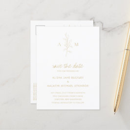 Cartão Postal De Anúncio Casamento Elegante Botânico Dourado Tan