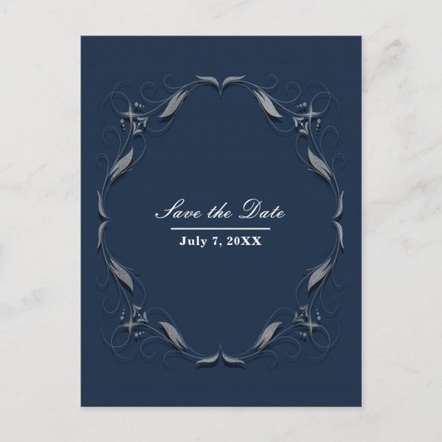 Cartão Postal De Anúncio Casamento Elegante de Quadro Azul e Prateado Salve (Frente)