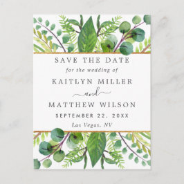 Cartão Postal De Anúncio Casamento Elegante Dourado e Verde Salve A Data