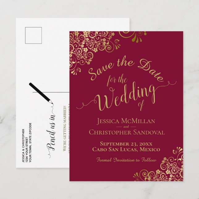 Cartão Postal De Anúncio Casamento em Caligrafia Dourada Save the Date Marr (Frente/Verso)