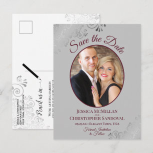 Cartão Postal De Anúncio Casamento em Renda Burgundy e Cinza - Salve a Data