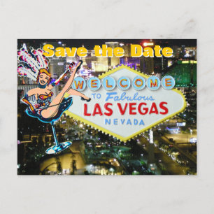 Cartão Postal De Anúncio Casamento em Vegas Strip Salve the Date Showgirl