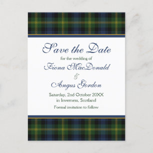 Cartão Postal De Anúncio Casamento escocês Gordon Tartan Salve a data