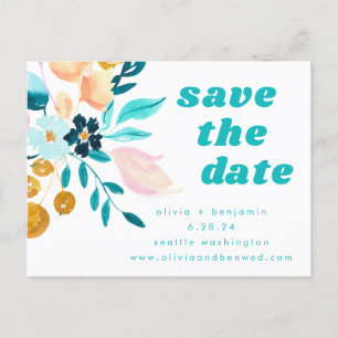 Cartão Postal De Anúncio Casamento Floral Aquarela Azul Turquesa e Dourado 