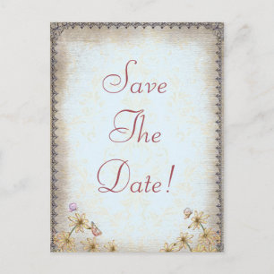 Cartão Postal De Anúncio Casamento Floral Azul Antigo  Salve a Data