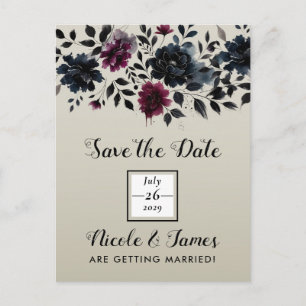 Cartão Postal De Anúncio Casamento Floral Azul Bege Noite Borgonha