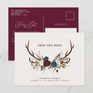Cartão Postal De Anúncio Casamento floral azul marinho burgundy com antílop