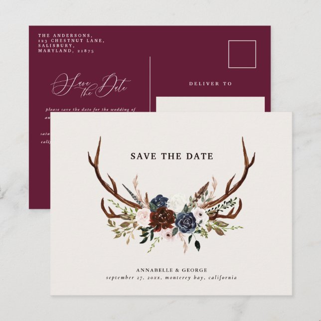 Cartão Postal De Anúncio Casamento floral azul marinho burgundy com antílop (Frente/Verso)