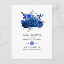 Cartão Postal De Anúncio Casamento Floral Azul Real e Prata Save the Date