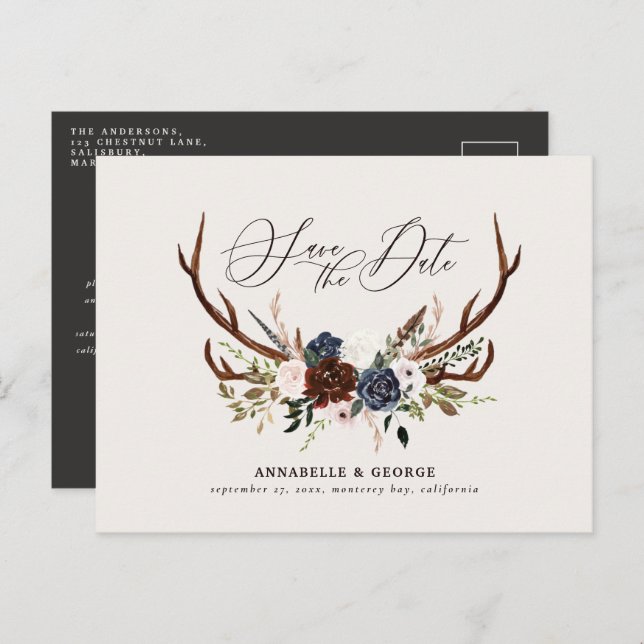 Cartão Postal De Anúncio Casamento floral burgundy azul naval script antíle (Frente/Verso)