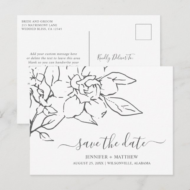 Cartão Postal De Anúncio Casamento Floral de Arte Neutra Salvar a Data (Frente/Verso)