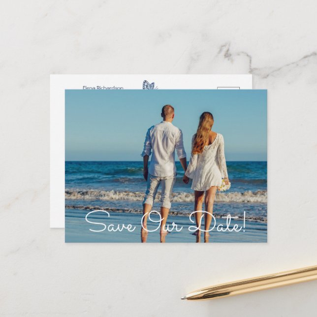 Cartão Postal De Anúncio Casamento Floral de Foto Azul e Branco (Frente/Verso In Situ)