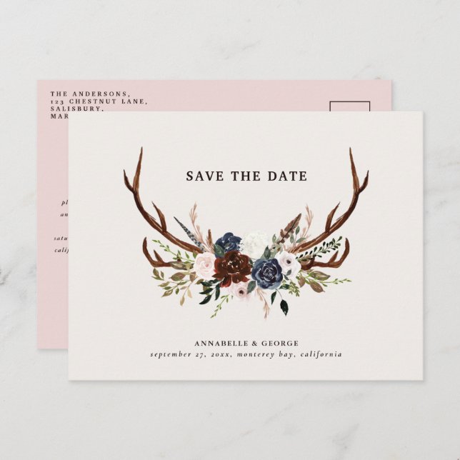 Cartão Postal De Anúncio Casamento floral de marinho burgundy com halteres  (Frente/Verso)