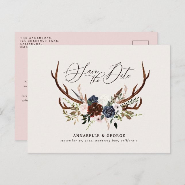 Cartão Postal De Anúncio Casamento floral de marinho burgundy com script de (Frente/Verso)