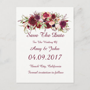Cartão Postal De Anúncio Casamento Floral de Marsala Vermelho Guarda o Cart