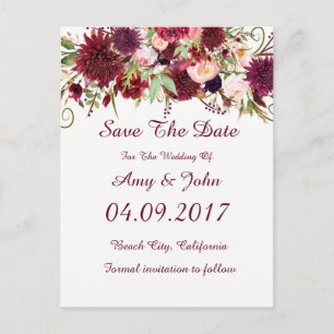 Cartão Postal De Anúncio Casamento Floral de Marsala Vermelho Guarda o Cart