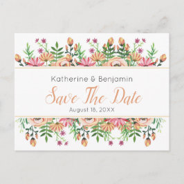Cartão Postal De Anúncio Casamento Floral de Pêssego Save The Date