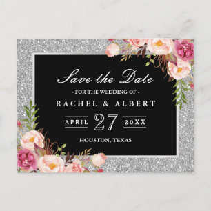 Cartão Postal De Anúncio Casamento Floral de Silver Glitter Salve a Data