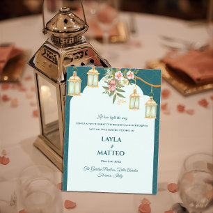 Cartão Postal De Anúncio Casamento Floral Lanterna Dourada Azul Turquesa