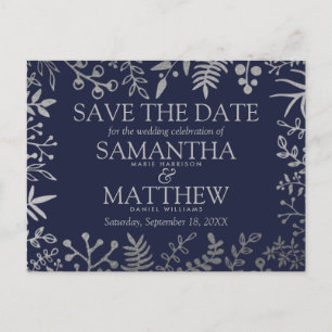 Cartão Postal De Anúncio Casamento Floral Marinho e Prata Elegante