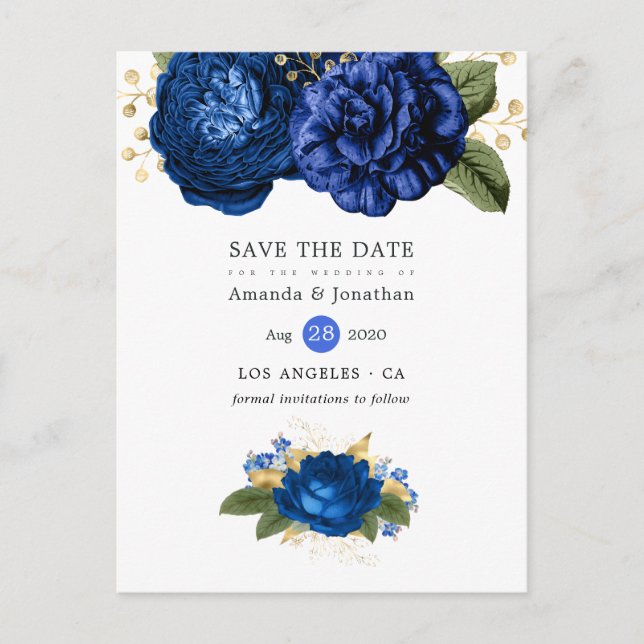 Cartão Postal De Anúncio Casamento Floral Real Azul e Dourado Salvar a Data (Frente)
