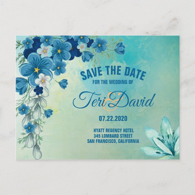 Cartão Postal De Anúncio Casamento Floral Romântico Azul/Verde Salvar A Dat (Frente)