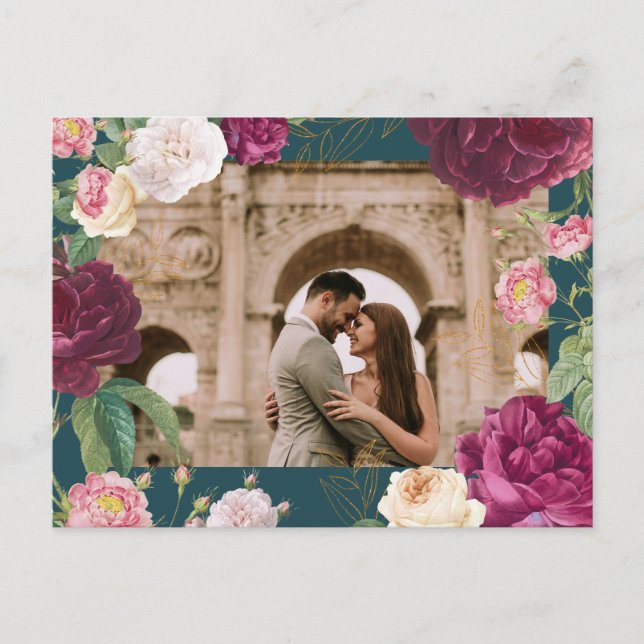 Cartão Postal De Anúncio Casamento Floral Verde Esmeralda e Dourado (Frente)