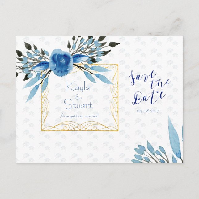 Cartão Postal De Anúncio Casamento Flores Azuis Aquarela Save The Date (Frente)