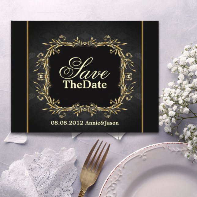 Cartão Postal De Anúncio Casamento formal Dourado legante Salve a data (Elegant Gold black formal Wedding save the date Announcement Postcard)