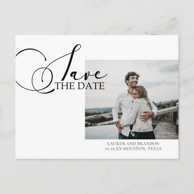 Cartão Postal De Anúncio Casamento Foto Caligrafia Save the Date  (Frente)