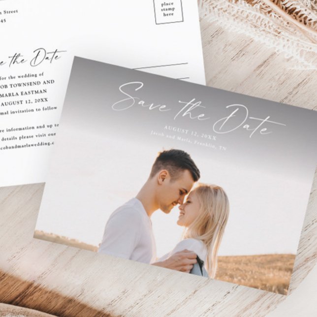 Cartão Postal De Anúncio Casamento Foto Salvar Data Moderno Script (Criador carregado)