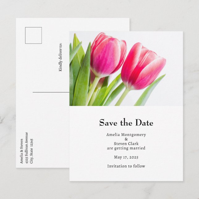 Cartão Postal De Anúncio Casamento Fotográfico de Tulipas Rosa com Folhas V (Frente/Verso)