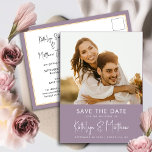 Cartão Postal De Anúncio Casamento Fotográfico Moderno Mauve Purple Salva A<br><div class="desc">Mauve Purple Diversão Foto Moderna Casamento Minimalista Salve O Cartão-Postal De Anúncio De Data. Avise sua família, amigos e colegas que você marcou uma data para sua celebração de casamento com este casamento elegante, na moda e moderno, salve o cartão de convite. Todos os textos estão pré-organizados para que você...</div>