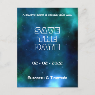 Cartão Postal De Anúncio Casamento Galáxia Azul e Verde Save The Date