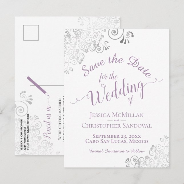 Cartão Postal De Anúncio Casamento Lavanda Lacy Prata Save the Date Branco (Frente/Verso)