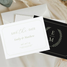 Cartão Postal De Anúncio Casamento Minimalista Preto e Sage Save The Date