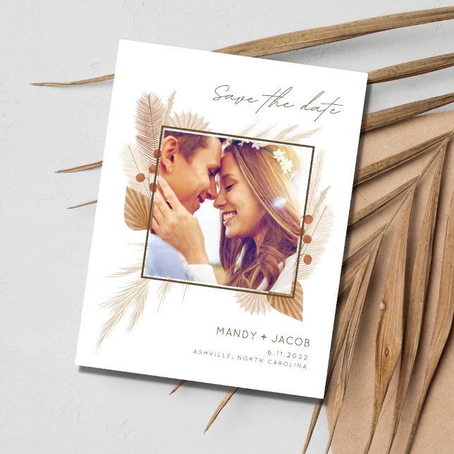 Cartão Postal De Anúncio Casamento Moderno de Outono Foto Boho Salve a Data (Modern Fall Wedding Photo Boho Save the Date Postcard)